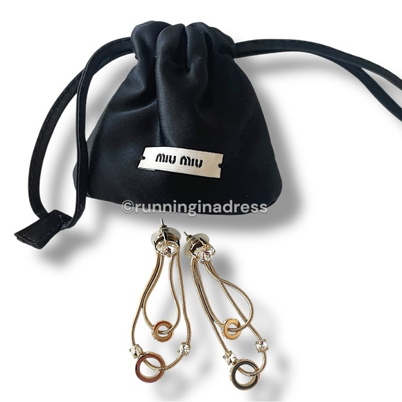 Authentic Miu Miu Crystal-Embellished Gold Snake Chain Tassel Drop Earrings - Picture 4 of 9